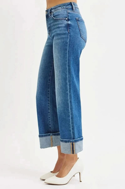 RISEN Full Size Mid Rise Crop Straight Cuffed Jeans Plus Size - ShalayeFashion