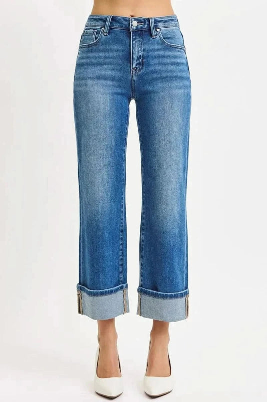 RISEN Full Size Mid Rise Crop Straight Cuffed Jeans Plus Size - ShalayeFashion