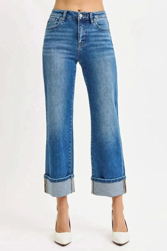 RISEN Full Size Mid Rise Crop Straight Cuffed Jeans Plus Size - ShalayeFashion