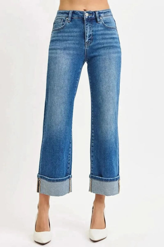 RISEN Full Size Mid Rise Crop Straight Cuffed Jeans Plus Size - ShalayeFashion