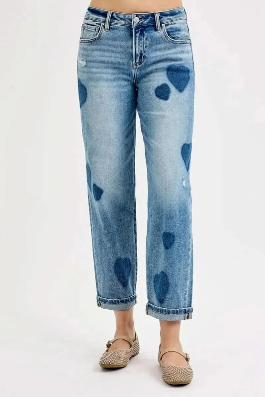 RISEN Full Size Mid Rise Fit - boyfriend Heart Shade Jeans Plus Size - ShalayeFashion