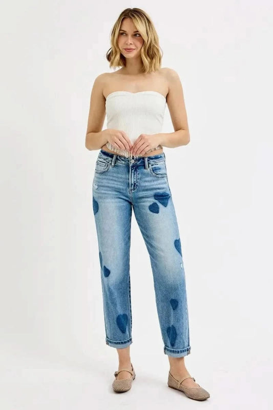 RISEN Full Size Mid Rise Fit - boyfriend Heart Shade Jeans Plus Size - ShalayeFashion