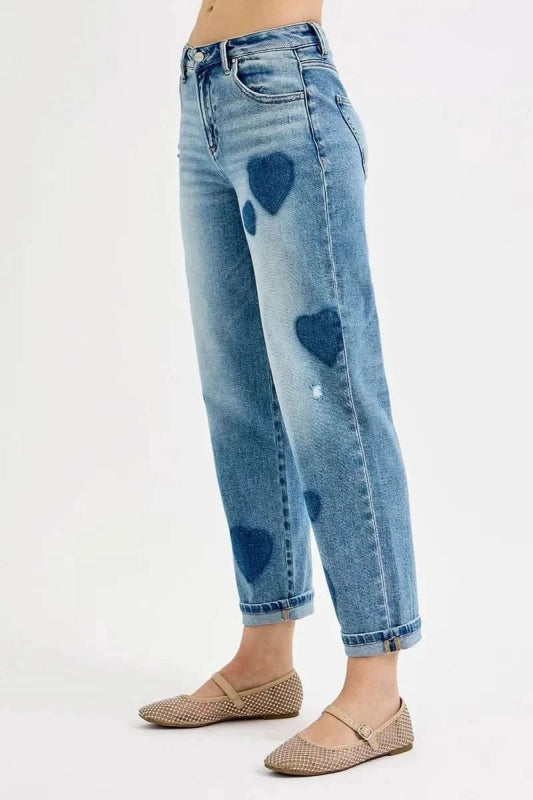 RISEN Full Size Mid Rise Fit - boyfriend Heart Shade Jeans Plus Size - ShalayeFashion