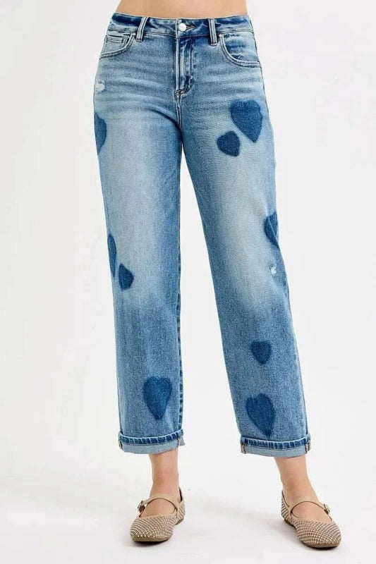 RISEN Full Size Mid Rise Fit - boyfriend Heart Shade Jeans Plus Size - ShalayeFashion