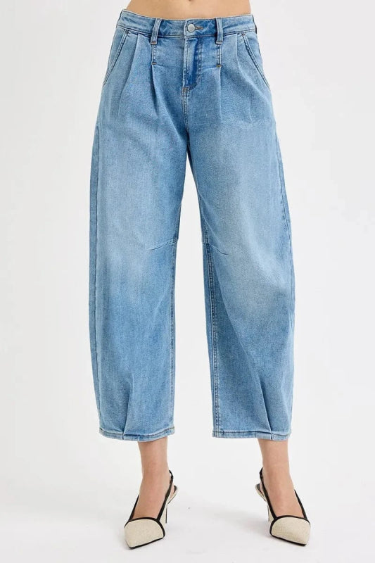RISEN Full Size Mid Rise Fit Crop Wide Volume Leg Jeans Plus Size - ShalayeFashion