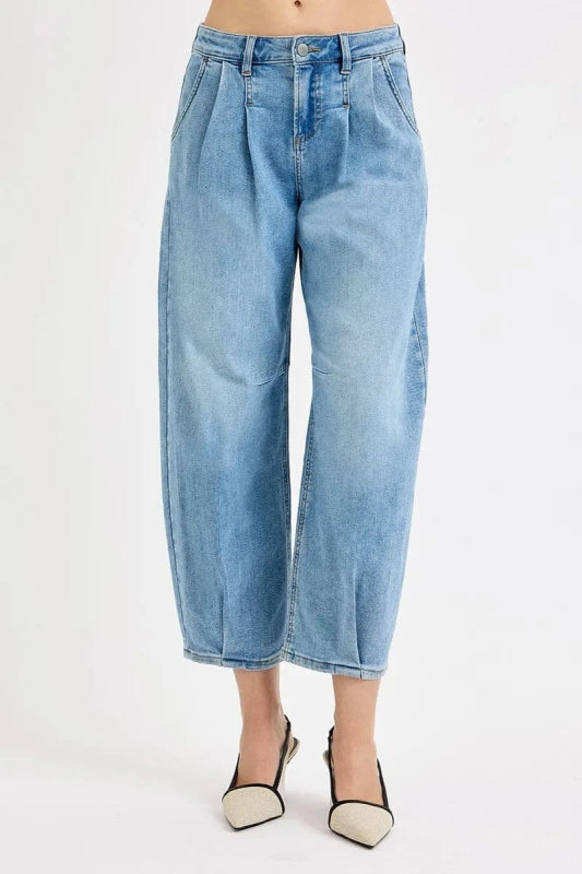 RISEN Full Size Mid Rise Fit Crop Wide Volume Leg Jeans Plus Size - ShalayeFashion