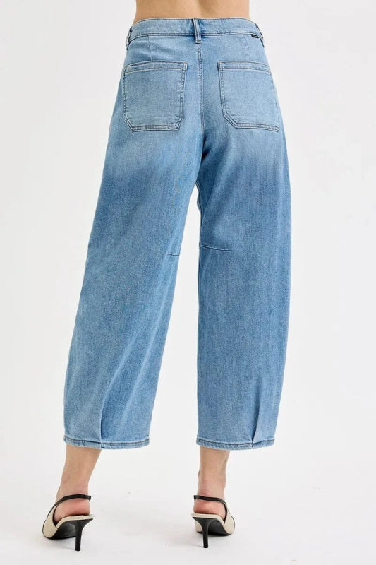 RISEN Full Size Mid Rise Fit Crop Wide Volume Leg Jeans Plus Size - ShalayeFashion