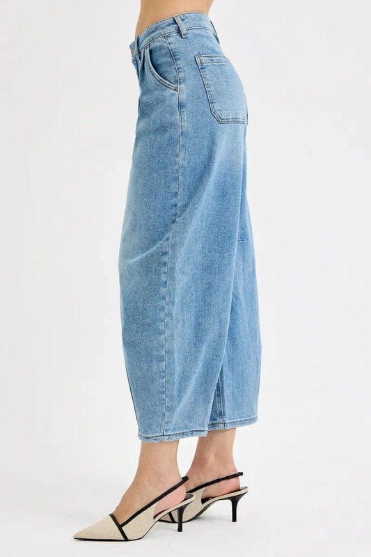 RISEN Full Size Mid Rise Fit Crop Wide Volume Leg Jeans Plus Size - ShalayeFashion