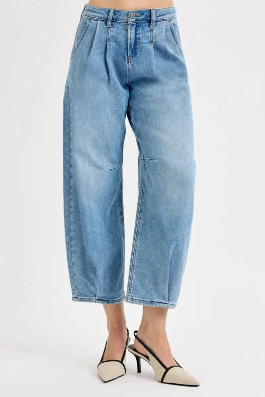 RISEN Full Size Mid Rise Fit Crop Wide Volume Leg Jeans Plus Size - ShalayeFashion