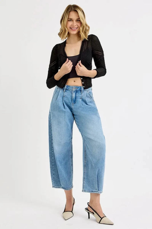 RISEN Full Size Mid Rise Fit Crop Wide Volume Leg Jeans Plus Size - ShalayeFashion