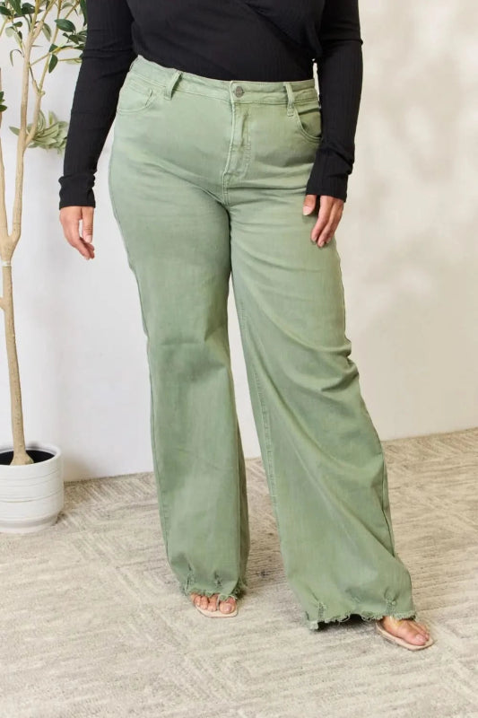 RISEN Full Size Raw Hem Wide - Leg Jeans - ShalayeFashion