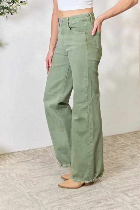 RISEN Full Size Raw Hem Wide - Leg Jeans - ShalayeFashion