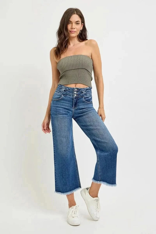 RISEN High Rise Crop Wide Leg Jeans with Wide Band Detail - ShalayeFashion