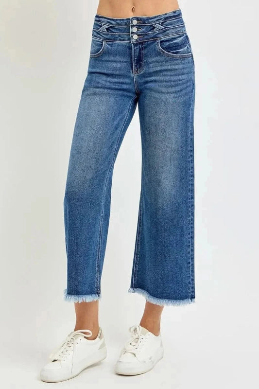 RISEN High Rise Crop Wide Leg Jeans with Wide Band Detail - ShalayeFashion