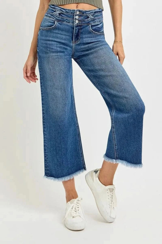 RISEN High Rise Crop Wide Leg Jeans with Wide Band Detail - ShalayeFashion