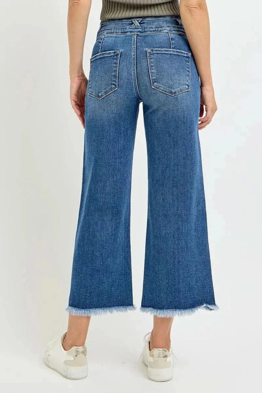 RISEN High Rise Crop Wide Leg Jeans with Wide Band Detail - ShalayeFashion
