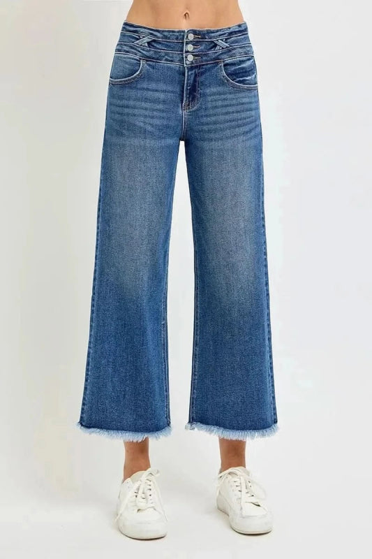 RISEN High Rise Crop Wide Leg Jeans with Wide Band Detail - ShalayeFashion
