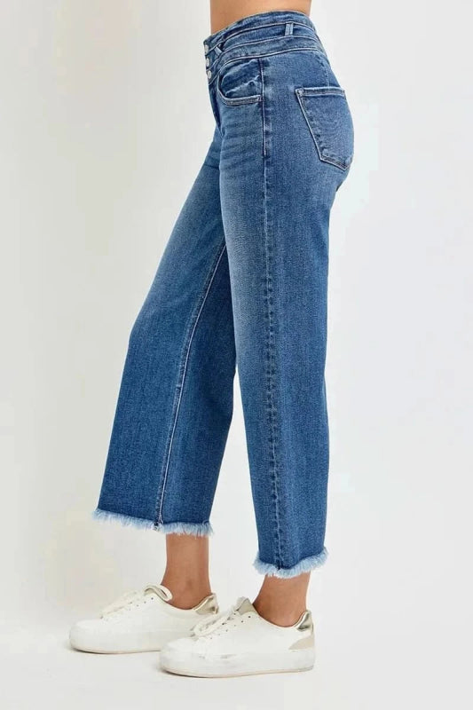 RISEN High Rise Crop Wide Leg Jeans with Wide Band Detail - ShalayeFashion