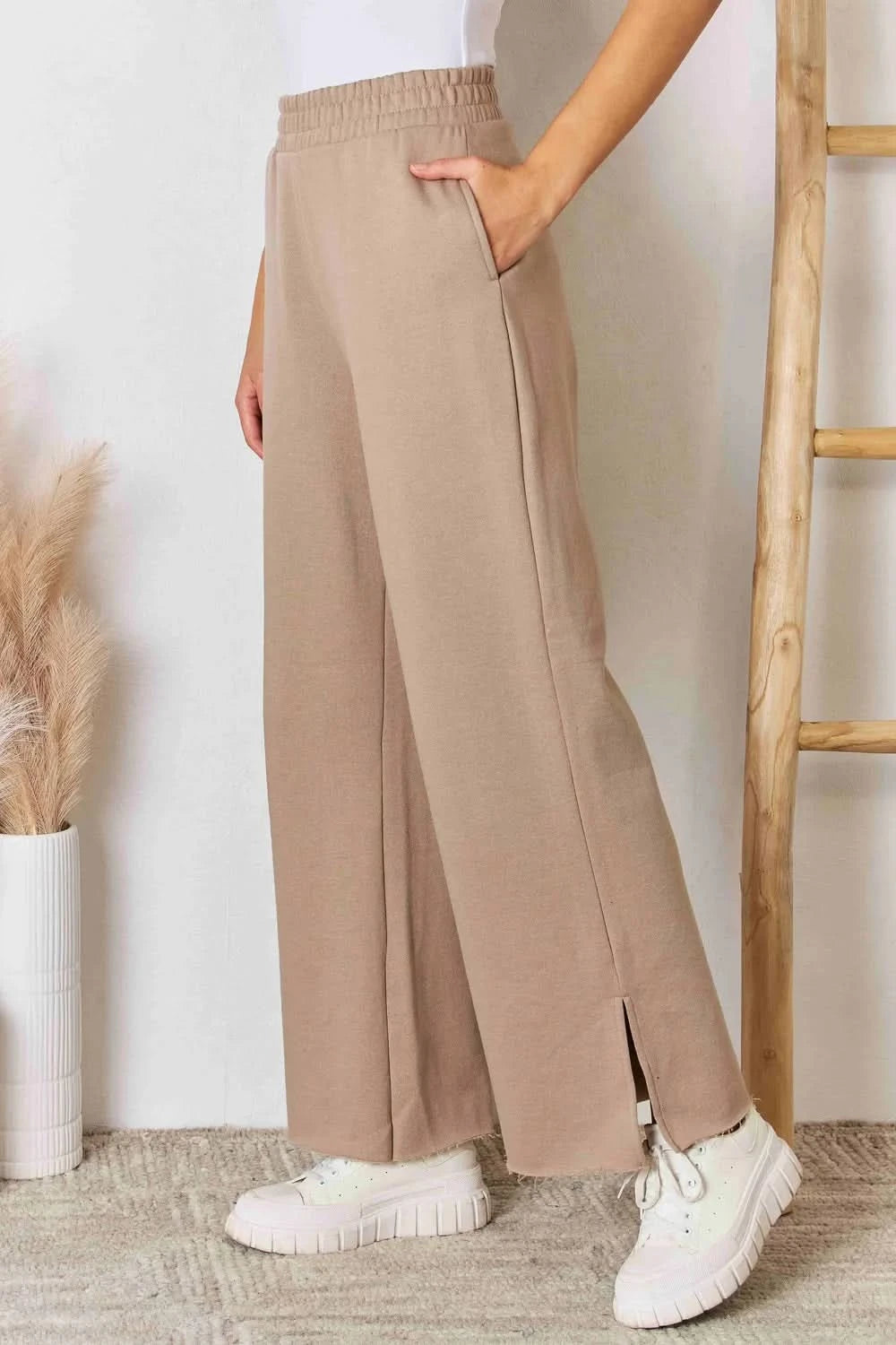 RISEN Wide Waistband Slit Wide Leg Pants - ShalayeFashion