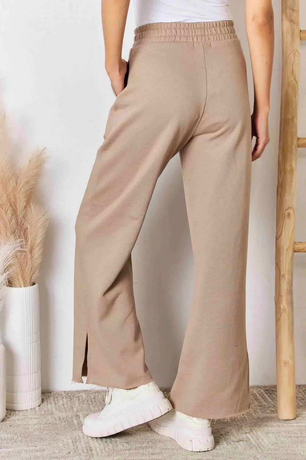 RISEN Wide Waistband Slit Wide Leg Pants - ShalayeFashion