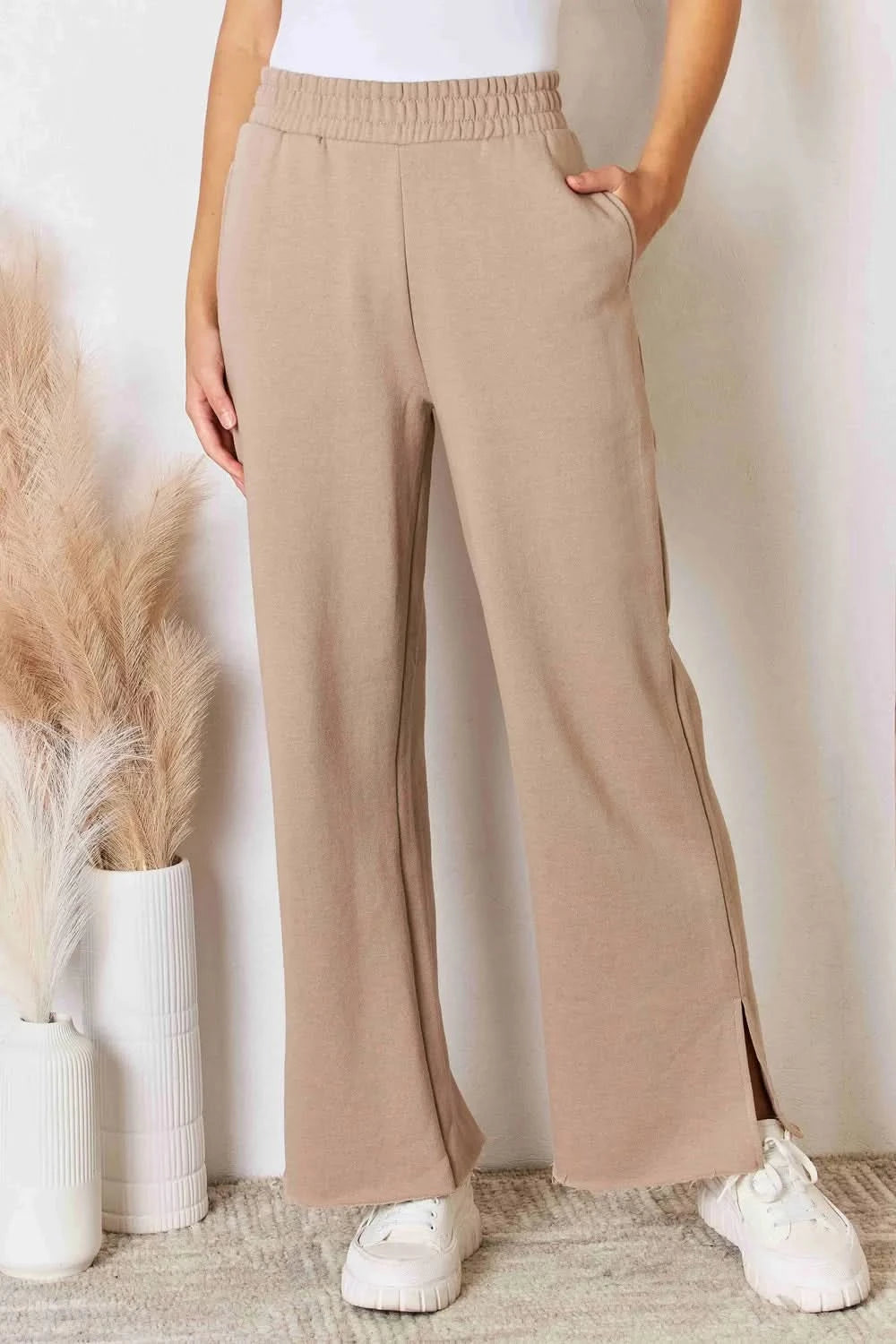 RISEN Wide Waistband Slit Wide Leg Pants - ShalayeFashion