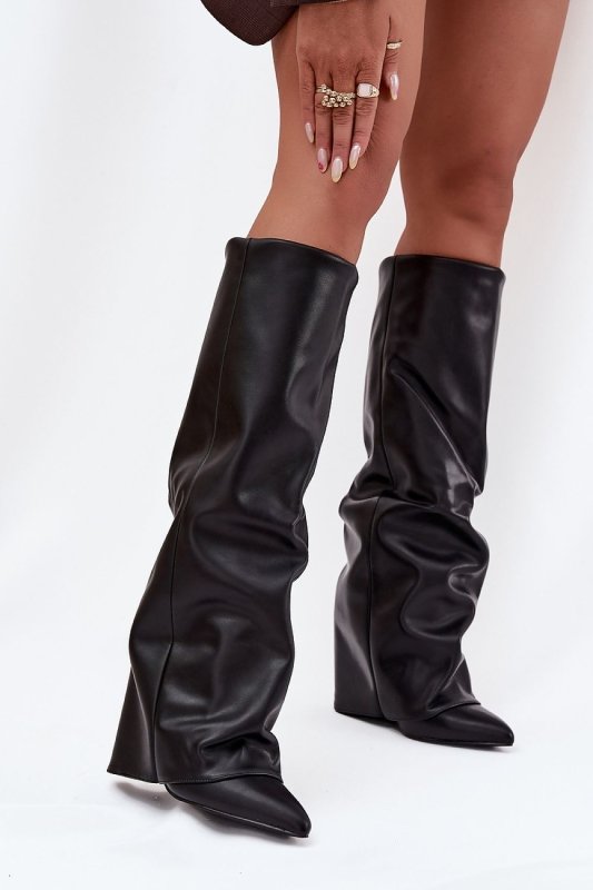 Rolled Shaft Heel Boots Women Pillar - ShalayeFashion