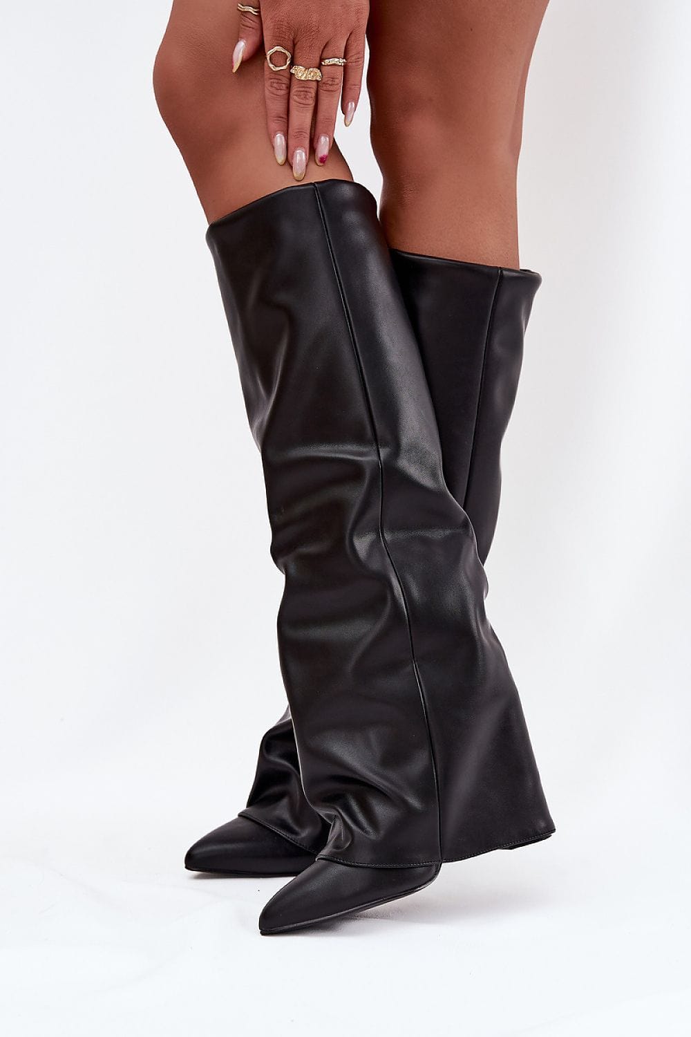 Rolled Shaft Heel Boots Women Pillar - ShalayeFashion
