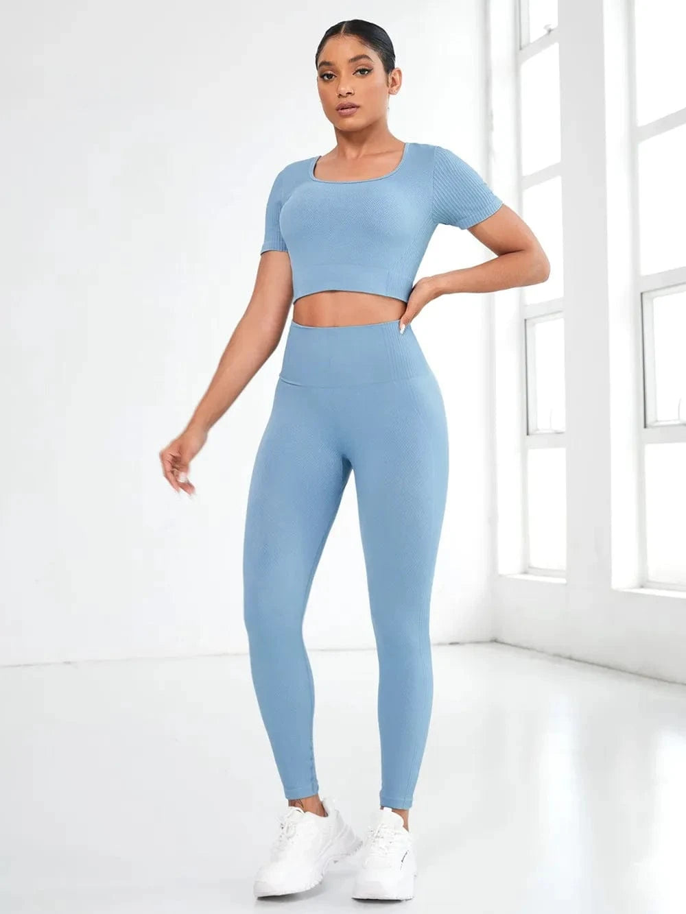 Round Neck Short Sleeve Top and Leggings Active Set - ShalayeFashion