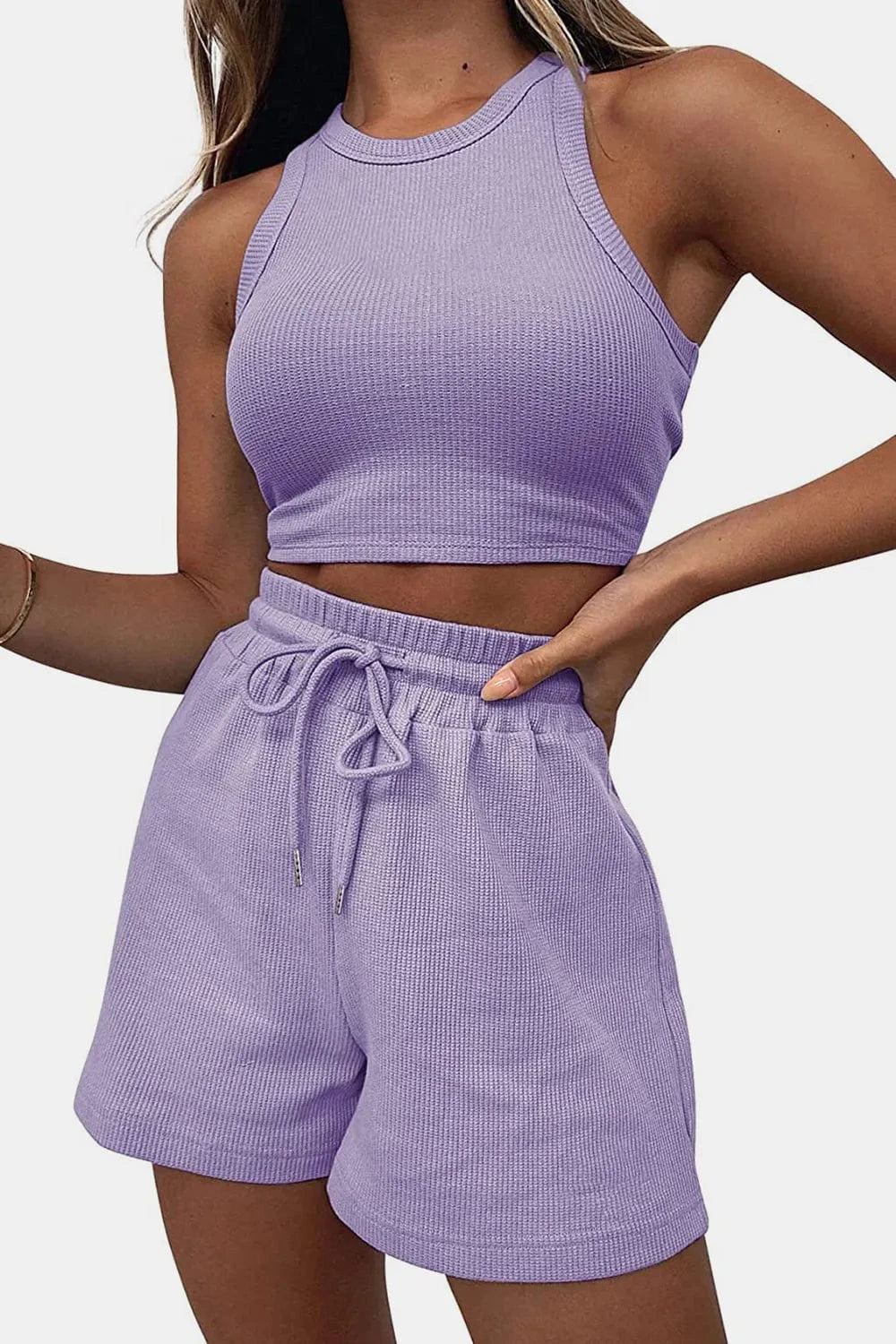Round Neck Top and Drawstring Shorts Set - ShalayeFashion
