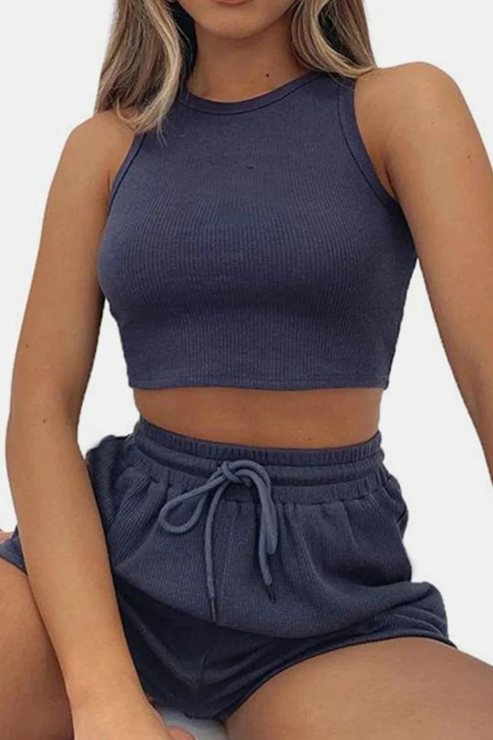 Round Neck Top and Drawstring Shorts Set - ShalayeFashion
