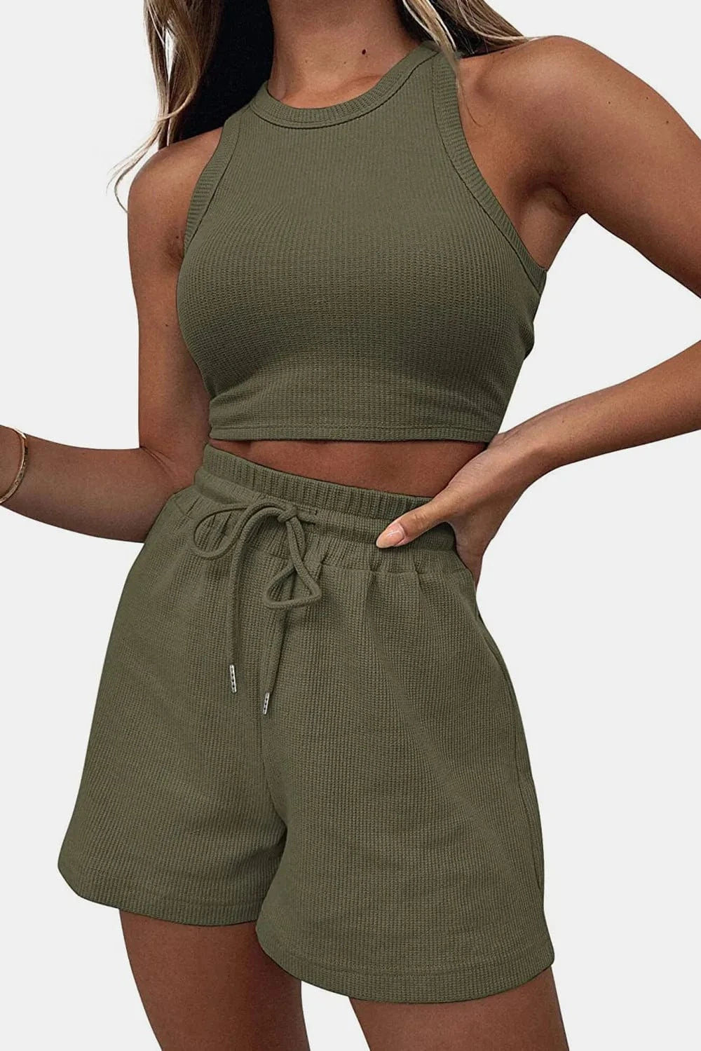 Round Neck Top and Drawstring Shorts Set - ShalayeFashion
