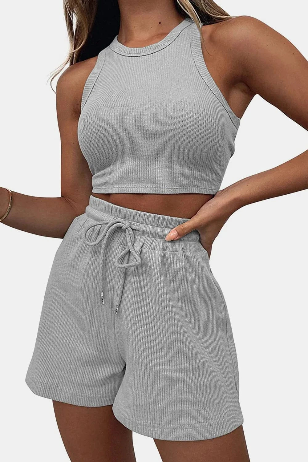 Round Neck Top and Drawstring Shorts Set - ShalayeFashion