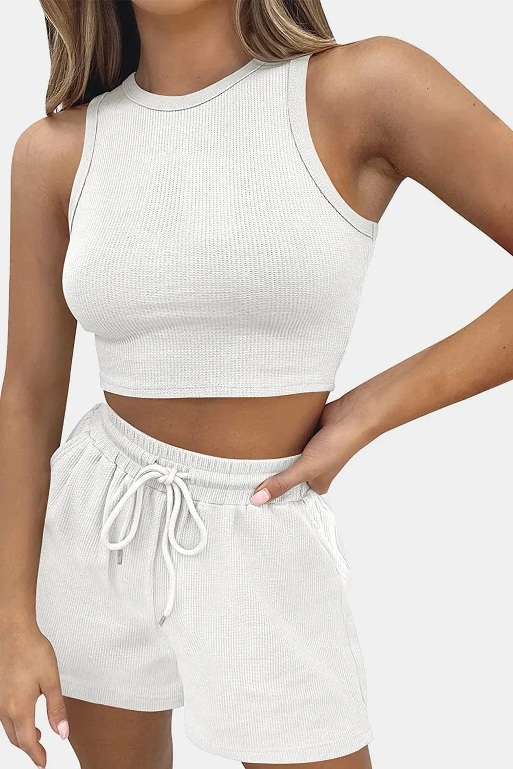 Round Neck Top and Drawstring Shorts Set - ShalayeFashion