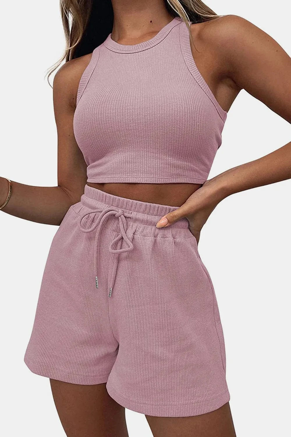 Round Neck Top and Drawstring Shorts Set - ShalayeFashion
