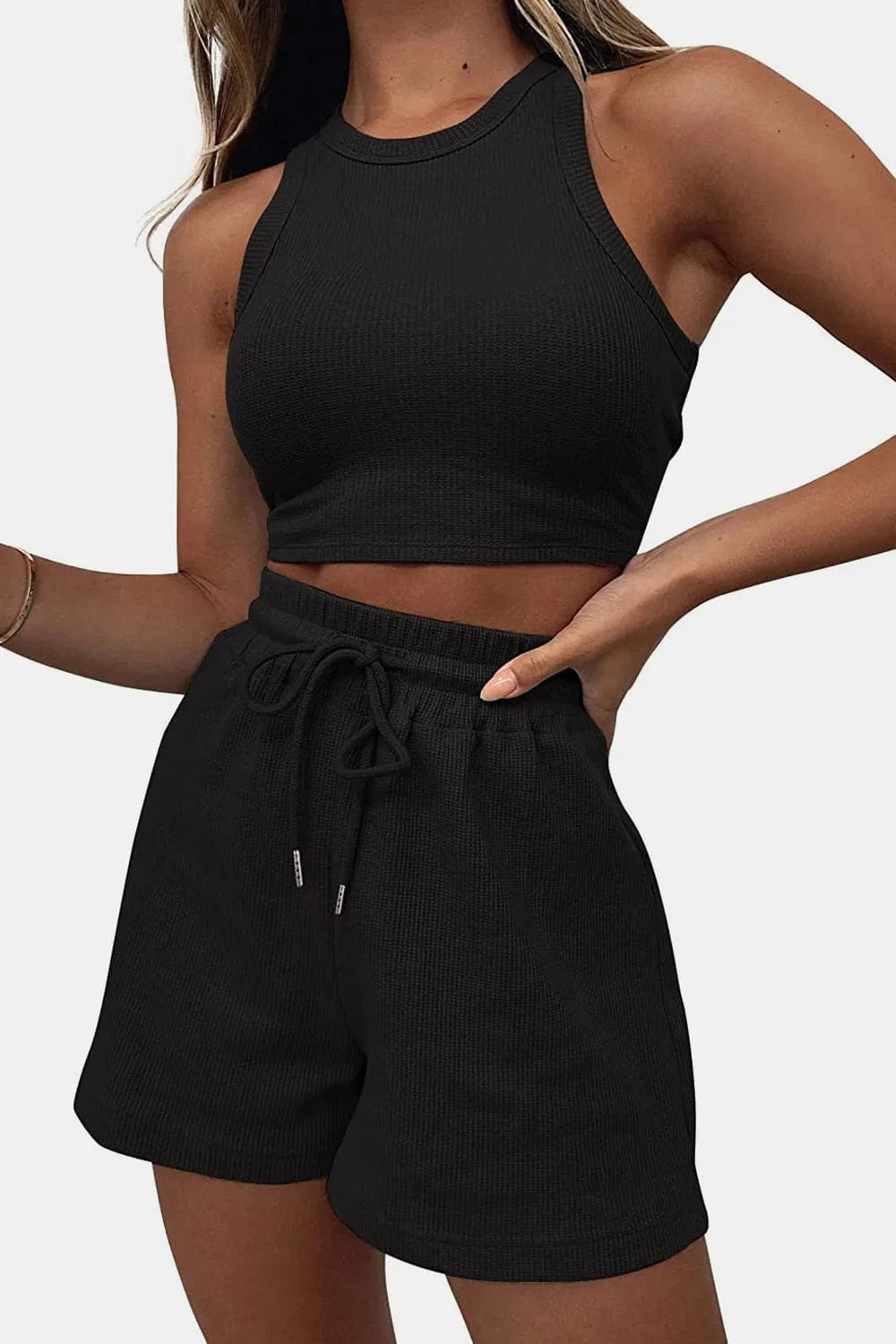 Round Neck Top and Drawstring Shorts Set - ShalayeFashion