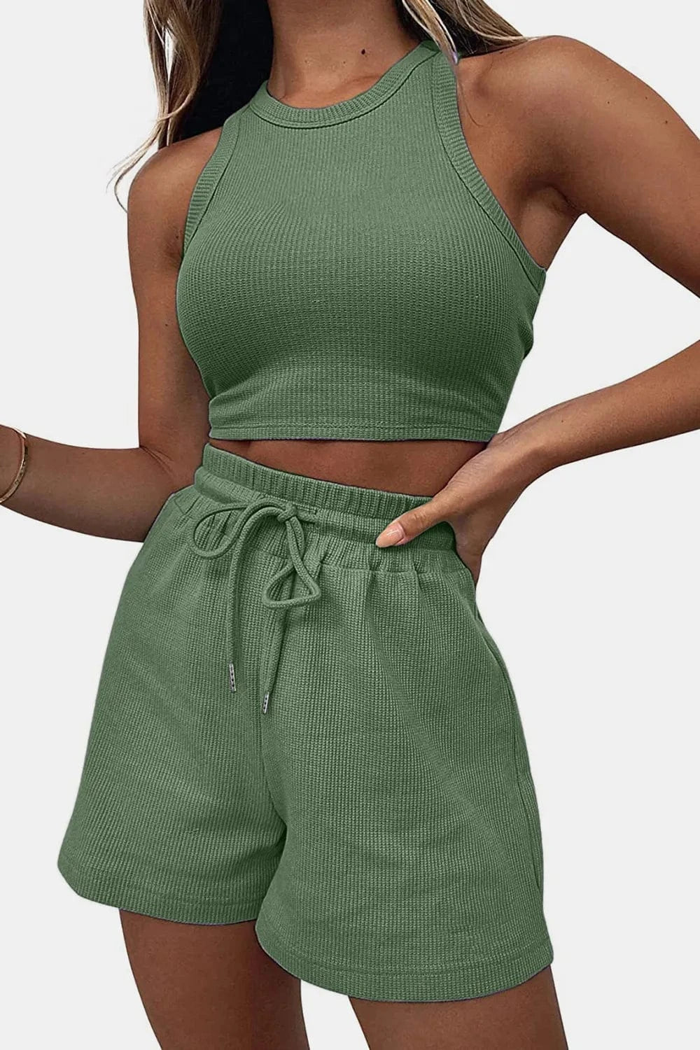 Round Neck Top and Drawstring Shorts Set - ShalayeFashion
