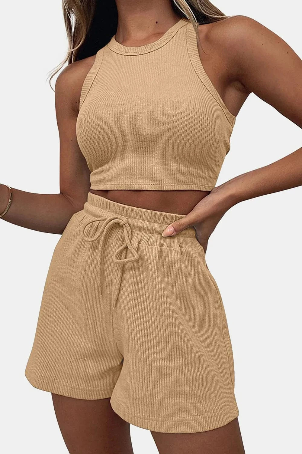 Round Neck Top and Drawstring Shorts Set - ShalayeFashion