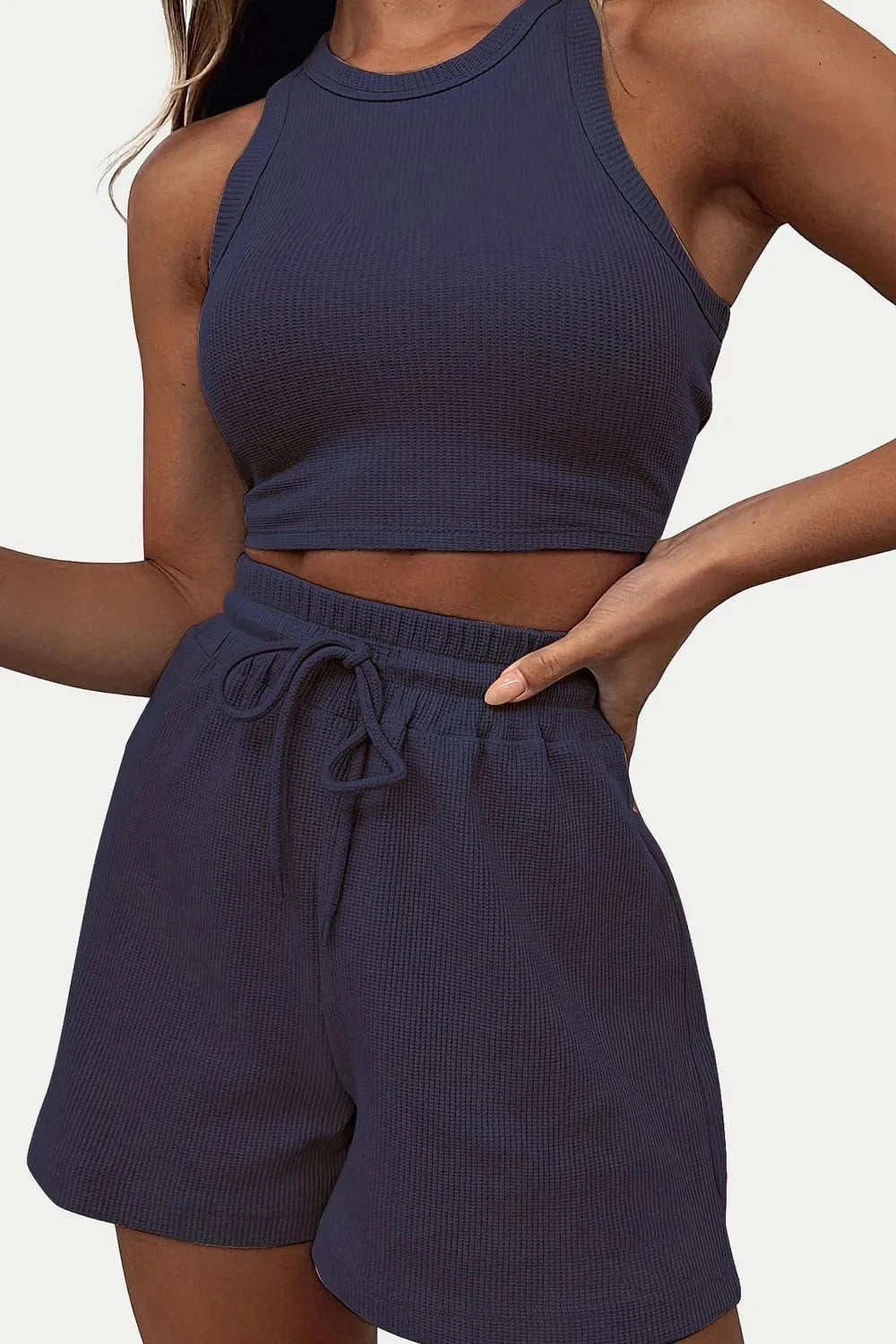 Round Neck Top and Drawstring Shorts Set - ShalayeFashion