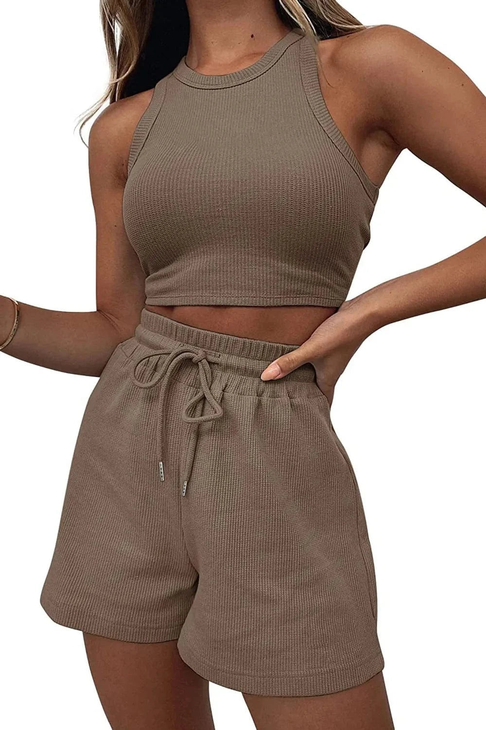 Round Neck Top and Drawstring Shorts Set - ShalayeFashion