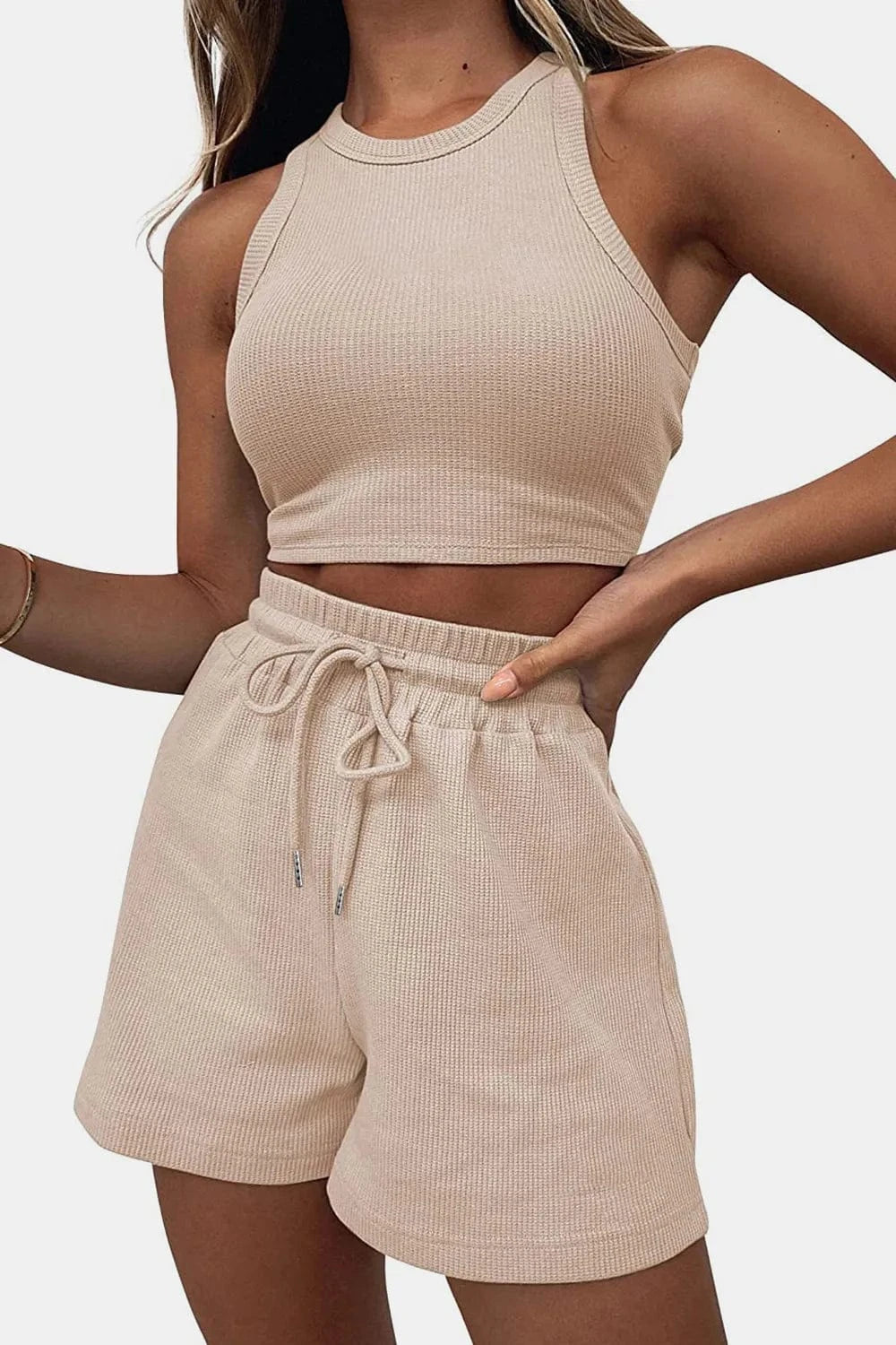 Round Neck Top and Drawstring Shorts Set - ShalayeFashion