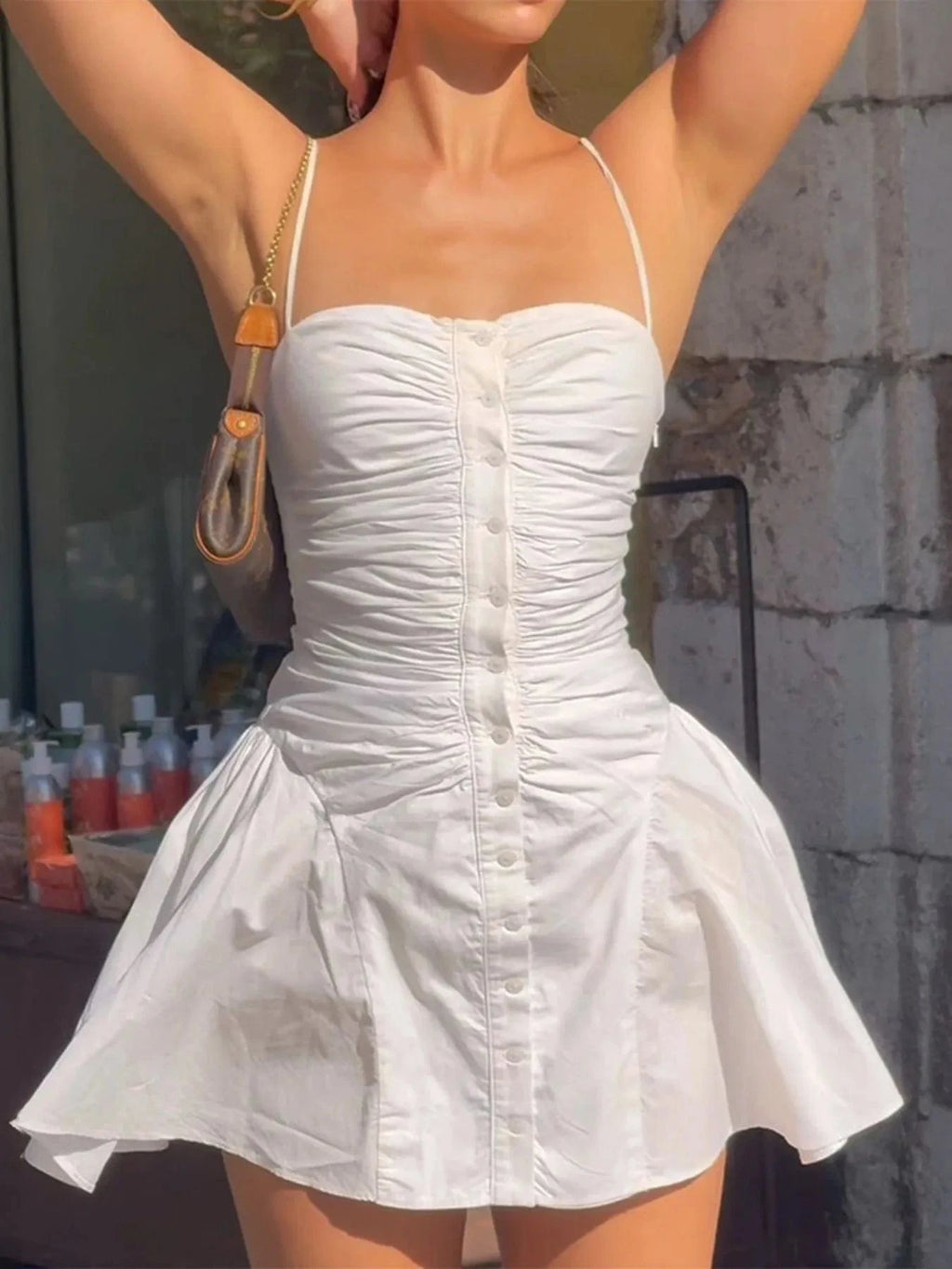 Ruched Button - Front Summer Dress - ShalayeFashion