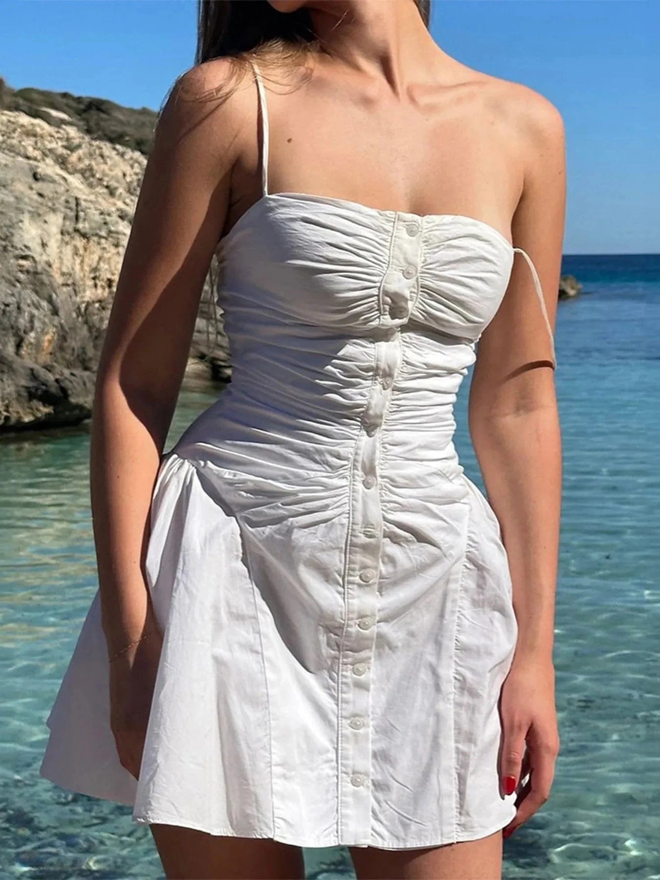 Ruched Button - Front Summer Dress - ShalayeFashion