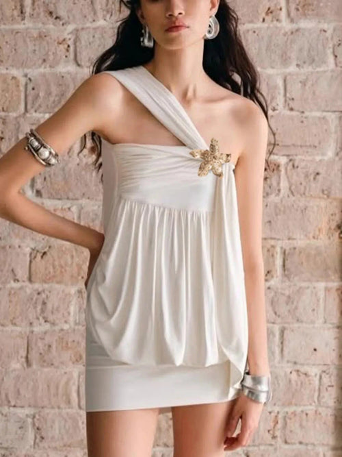 Ruched One - Shoulder Mini Dress - ShalayeFashion