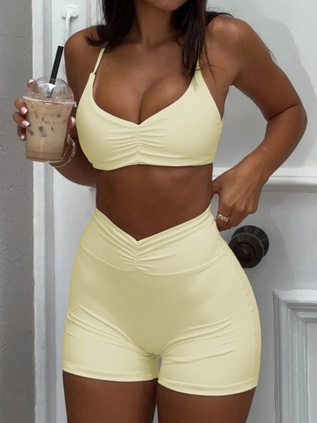 Ruched Sports Bra and High - Waisted Shorts Active Set - ShalayeFashion