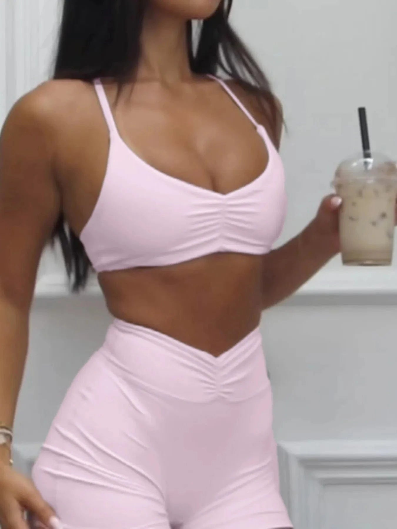 Ruched Sports Bra and High - Waisted Shorts Active Set - ShalayeFashion