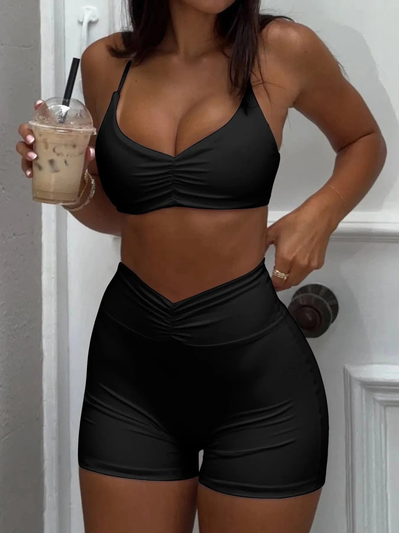 Ruched Sports Bra and High - Waisted Shorts Active Set - ShalayeFashion