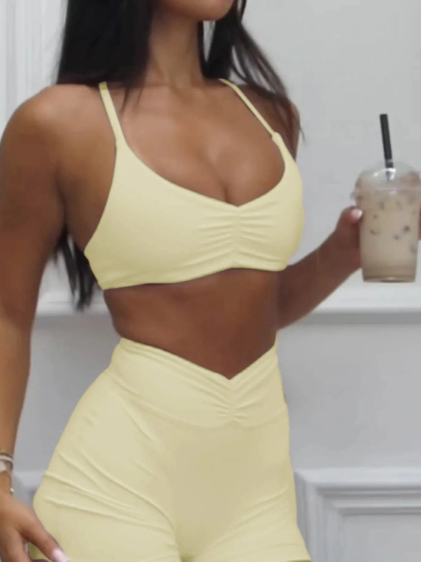 Ruched Sports Bra and High - Waisted Shorts Active Set - ShalayeFashion