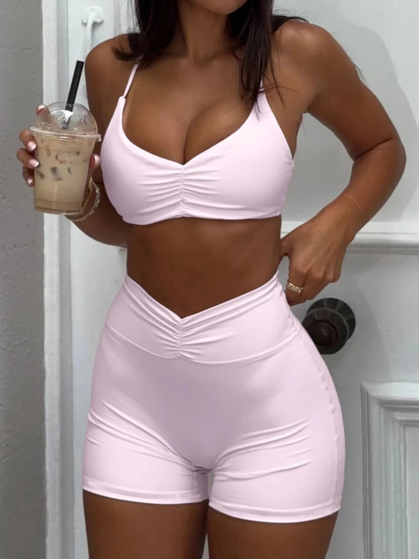 Ruched Sports Bra and High - Waisted Shorts Active Set - ShalayeFashion