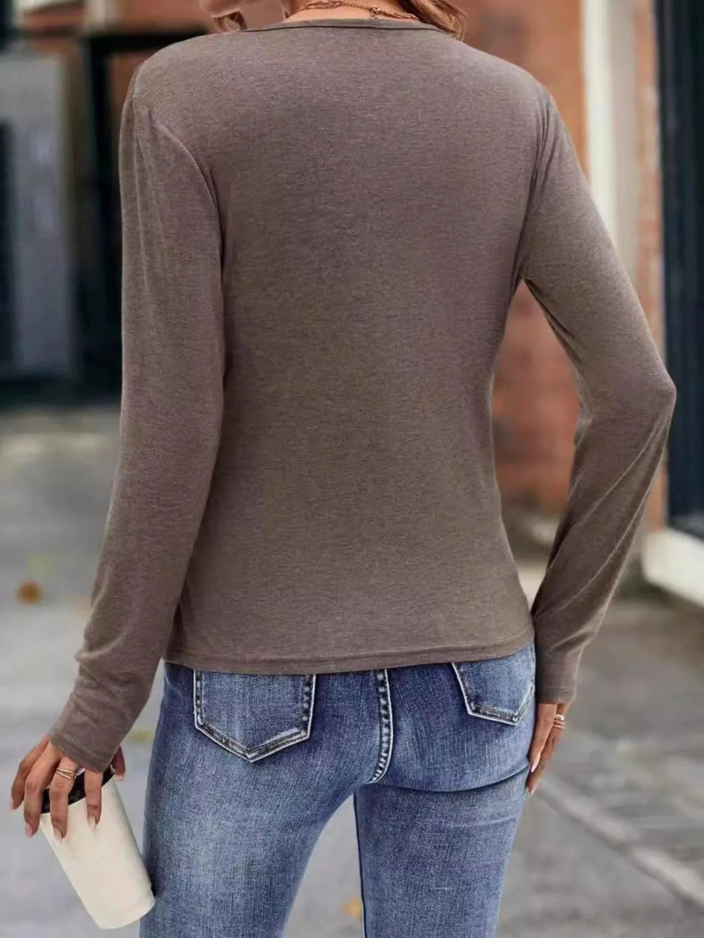 Ruched Surplice Long Sleeve T-Shirt - ShalayeFashion