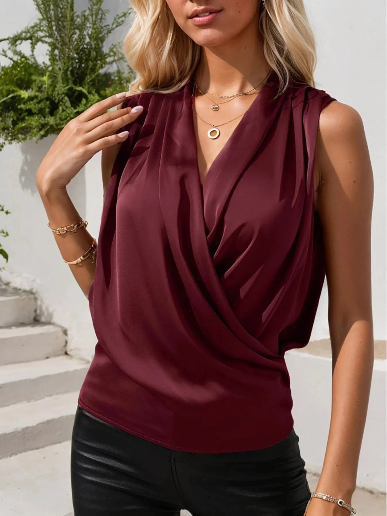 Ruched Surplice Sleeveless Top - ShalayeFashion